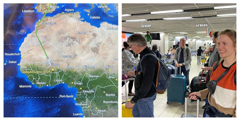 Left half: Satellite map of the west side of Africa; Right half: People with suitcases